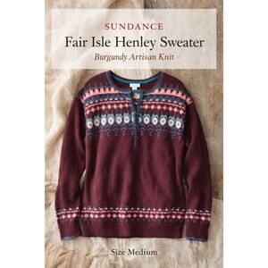 Sundance Innis Fair Isle  Henley Sweater M Burgundy Boho Nordic Cottagecore